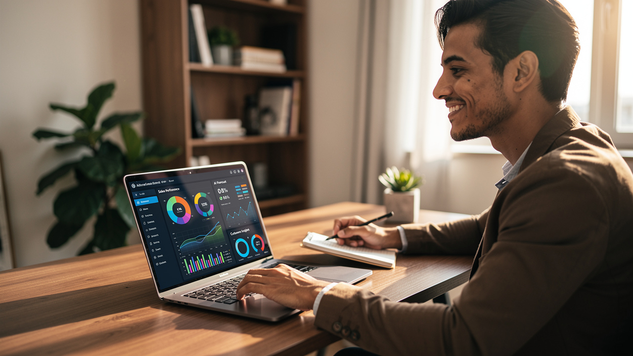 Empreendedor brasileiro analisando painel de inteligência artificial em laptop no home office