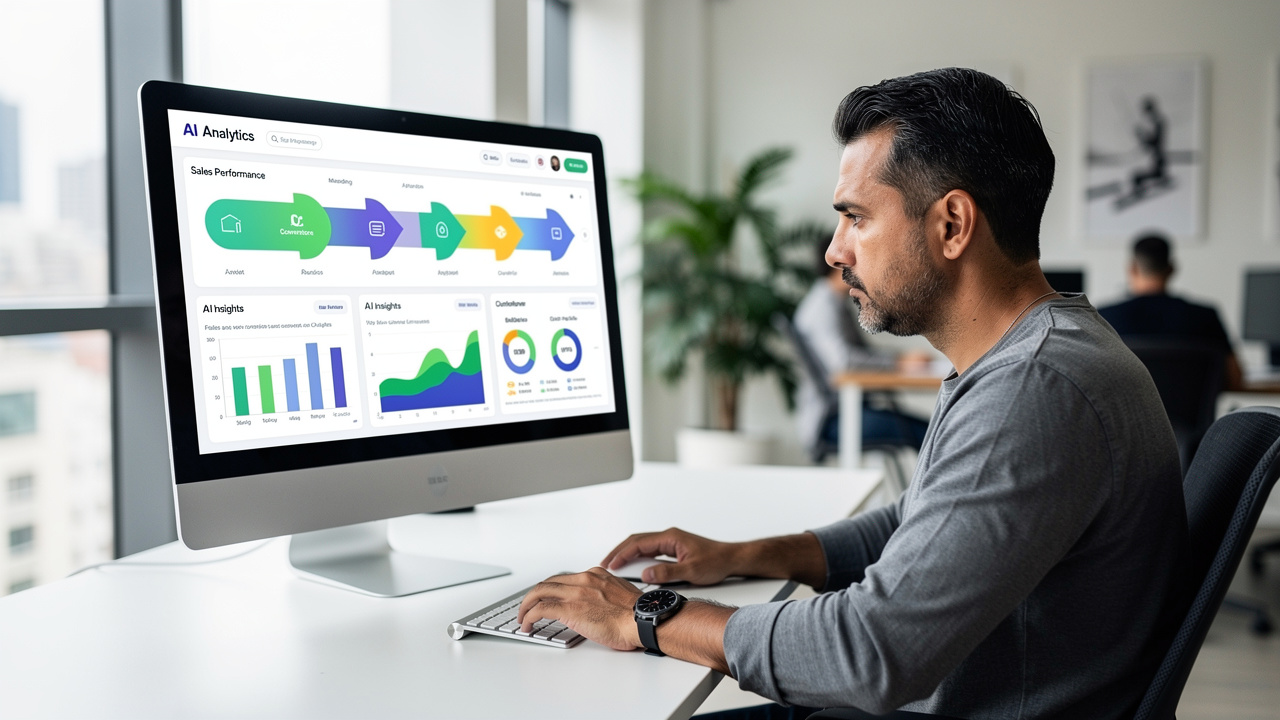Gerente de e-commerce analisando painel de inteligência artificial em escritório moderno