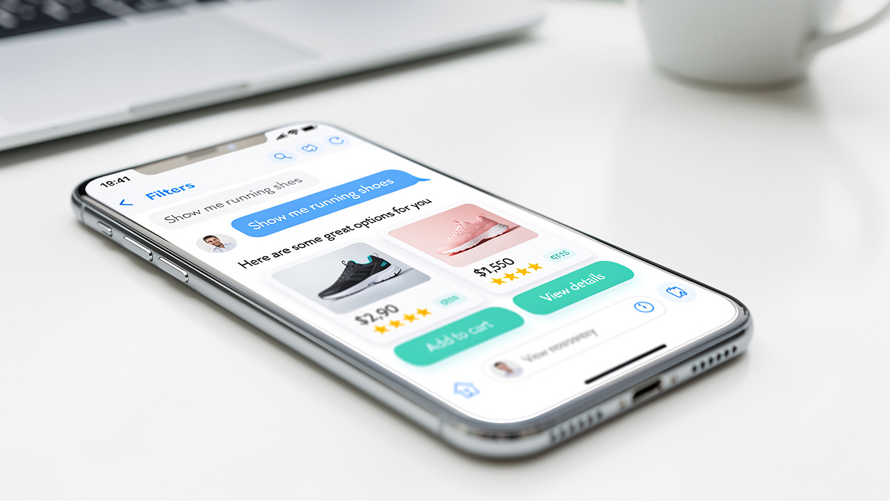 Tela de smartphone exibindo chatbot de IA com recomendações de produtos para e-commerce