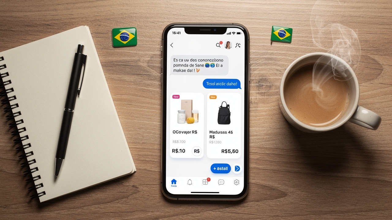 Smartphone com interface de assistente de IA em aplicativo de loja online sobre mesa de madeira